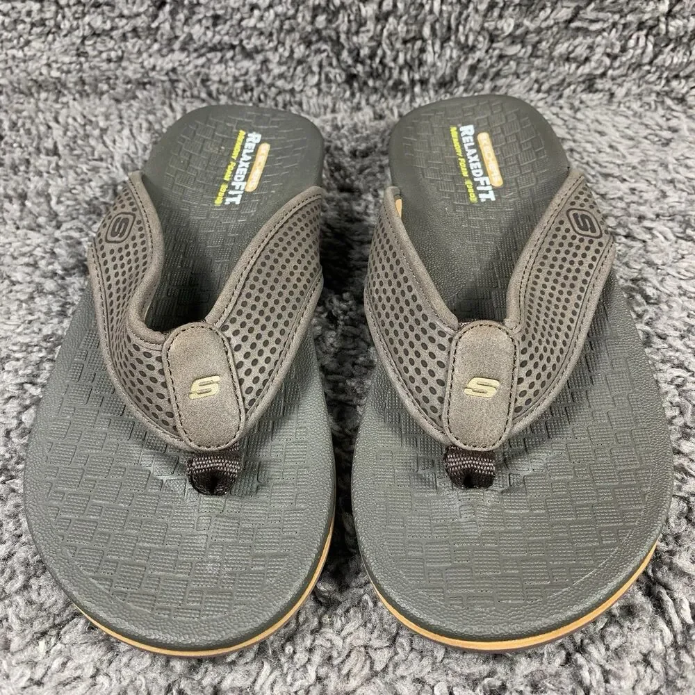 Skechers Flip Flops Sandals Mens 10 Relaxed Fit Memory Foam Brown Comfort